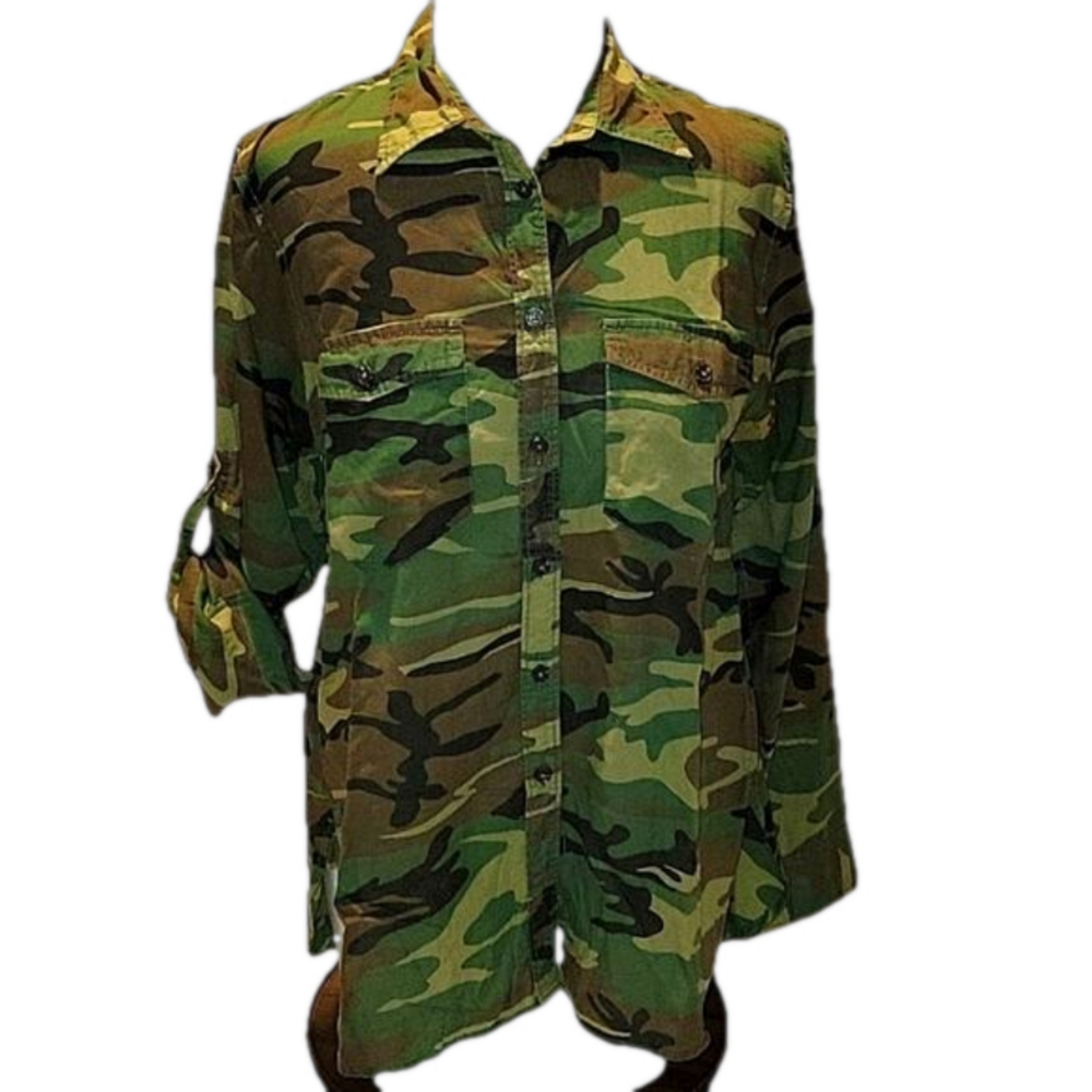 Denim & Supply Ralph Lauren Green Brown Camouflage Button-down Shirt Size Medium